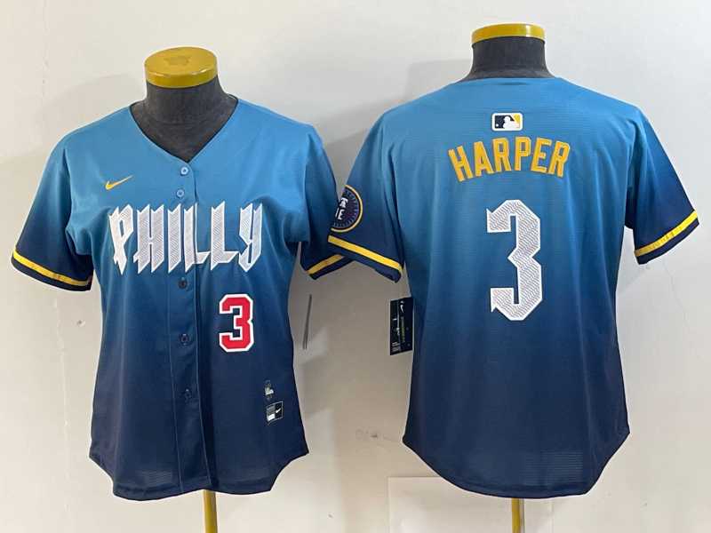 Womens Philadelphia Phillies #3 Bryce Harper Number Blue 2024 City Connect Limited Stitched Jersey
